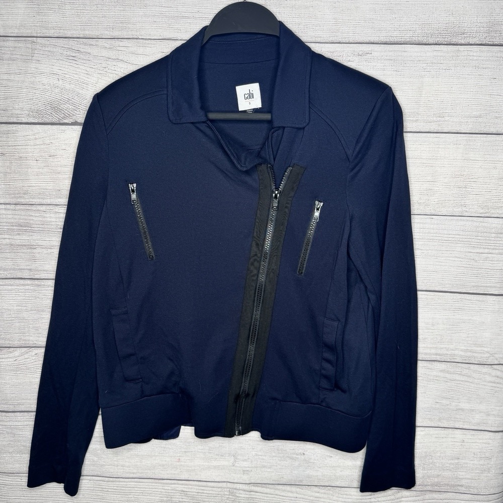 Cabi Navy Blue Black‎ Chance Moto Biker Jacket Ponte Zip 5476 Small Pockets